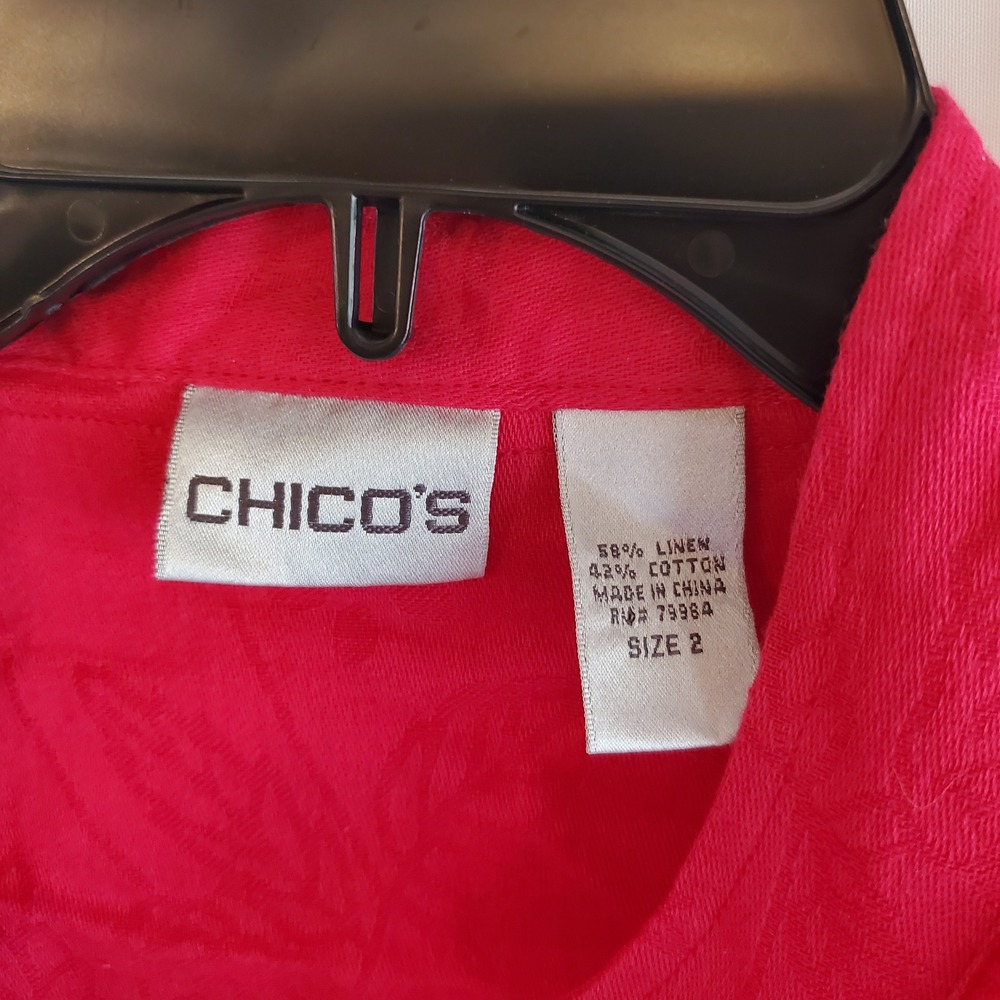 Chico's Red Floral Linen Blend Button Front Long Sleeve Jacket Size 2 - Picture 3 of 9